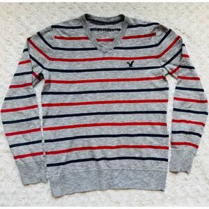 American Eagle Mens Red Blue Heather Gray Cotton Striped V Neck Sweater Sz Small